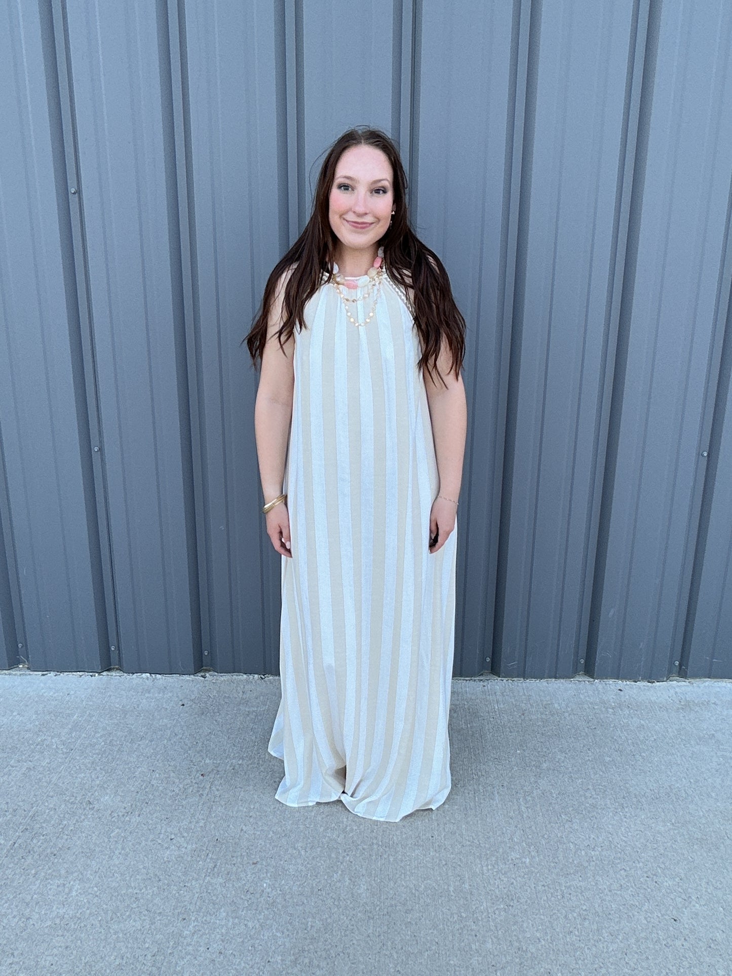 Striped Halter Neck A-Line Maxi Dress - Taupe