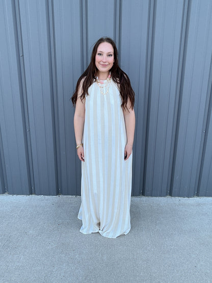 Striped Halter Neck A-Line Maxi Dress - Taupe