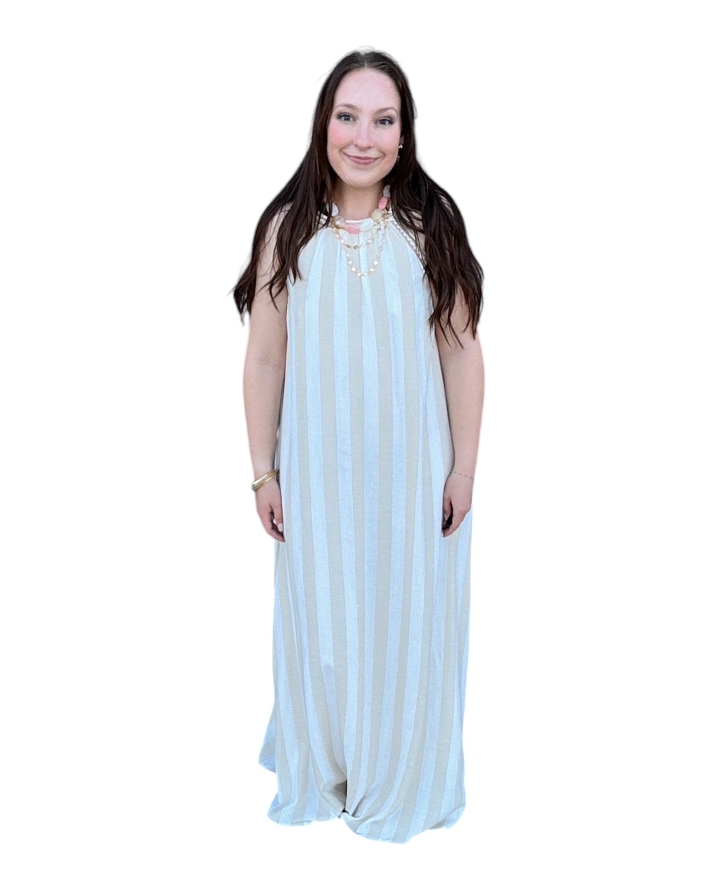 Striped Halter Neck A-Line Maxi Dress - Taupe