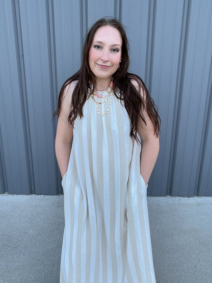 Striped Halter Neck A-Line Maxi Dress - Taupe