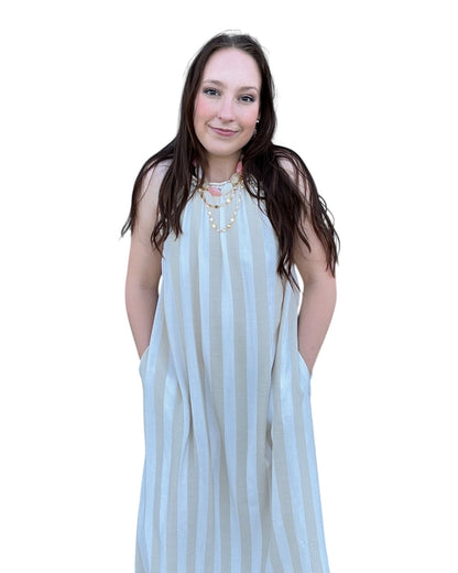 Striped Halter Neck A-Line Maxi Dress - Taupe