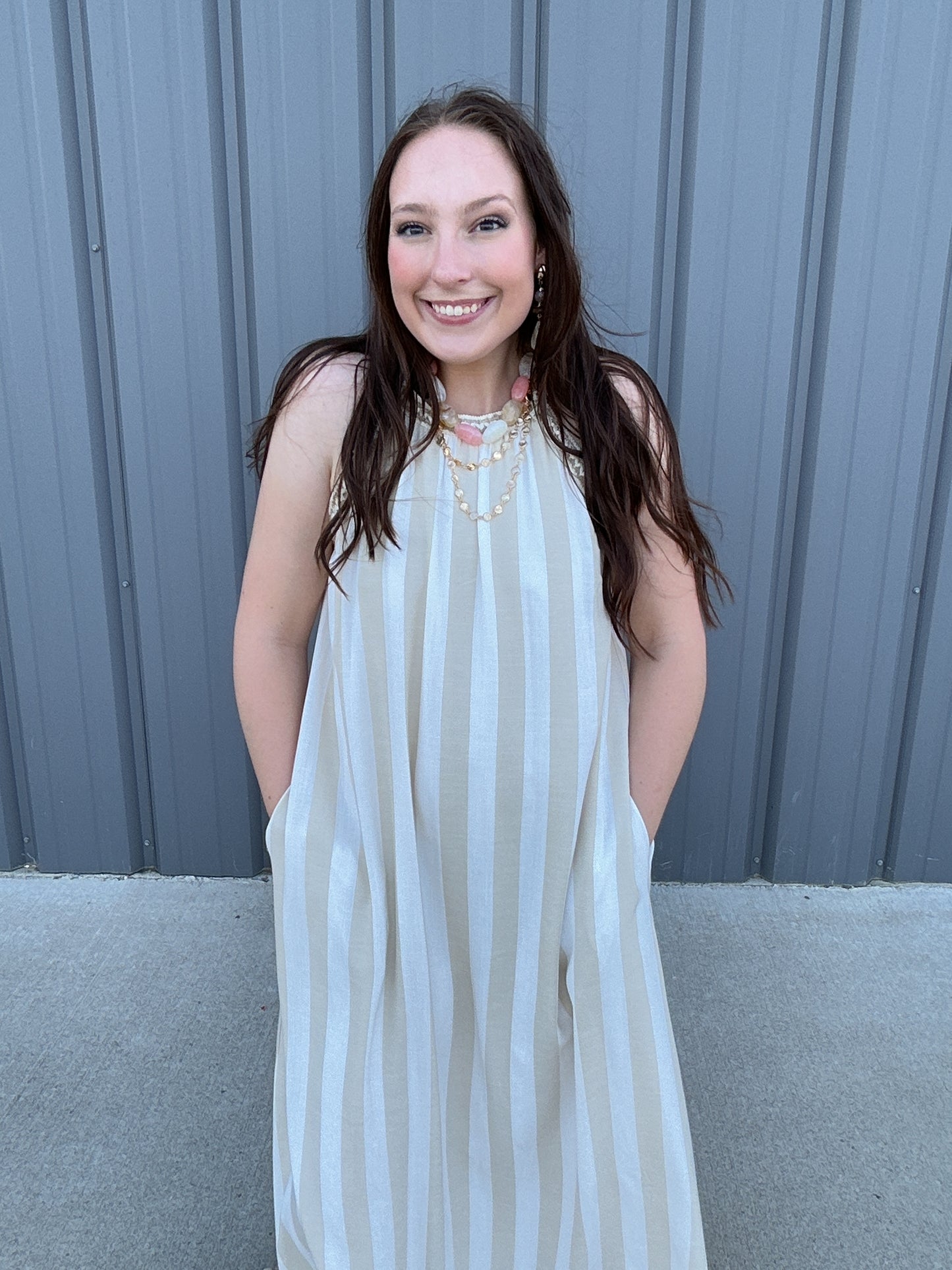 Striped Halter Neck A-Line Maxi Dress - Taupe