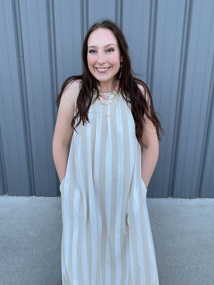 Striped Halter Neck A-Line Maxi Dress - Taupe