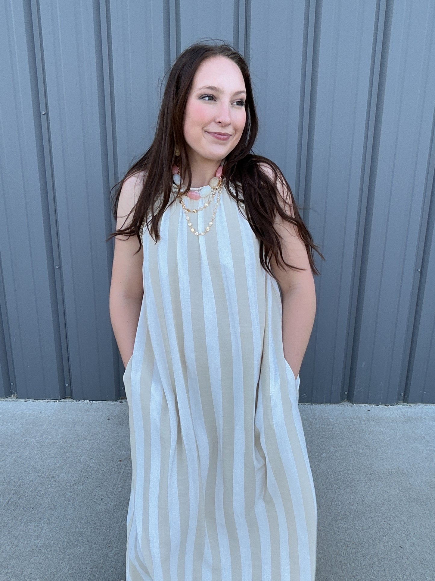 Striped Halter Neck A-Line Maxi Dress - Taupe