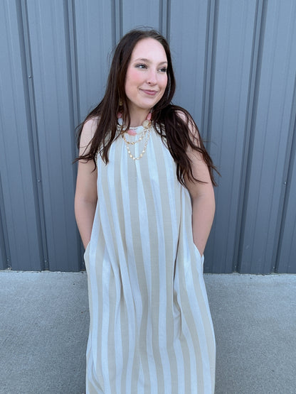 Striped Halter Neck A-Line Maxi Dress - Taupe