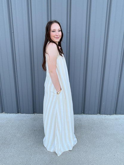 Striped Halter Neck A-Line Maxi Dress - Taupe
