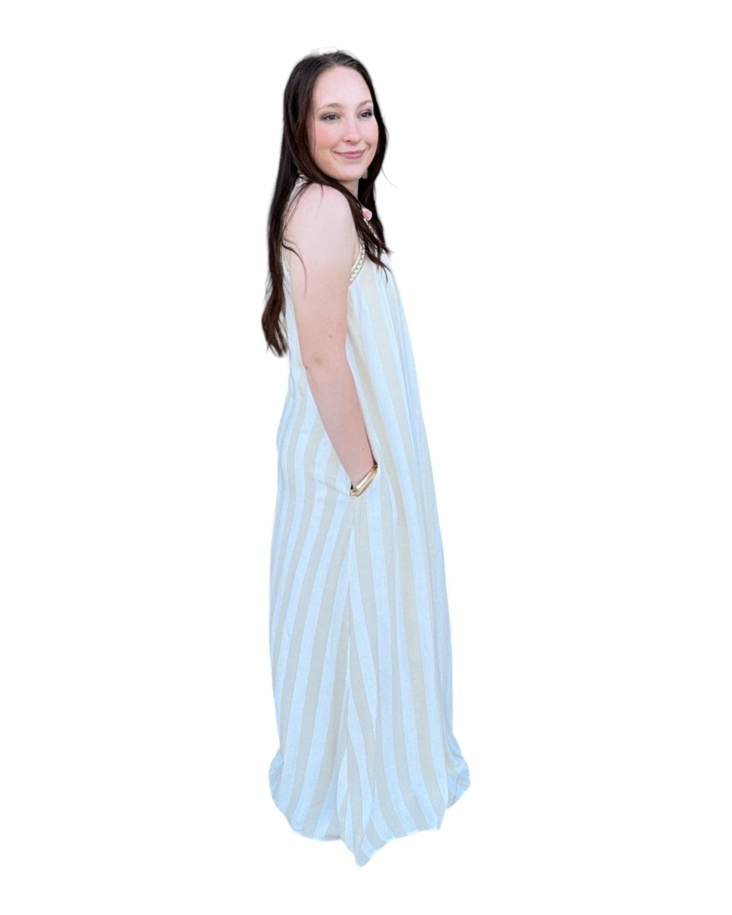 Striped Halter Neck A-Line Maxi Dress - Taupe