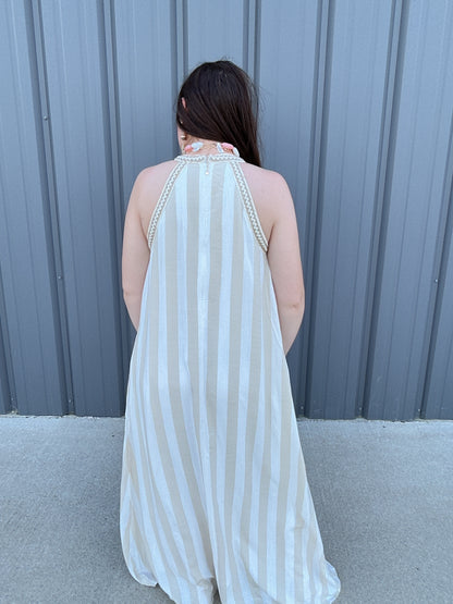 Striped Halter Neck A-Line Maxi Dress - Taupe