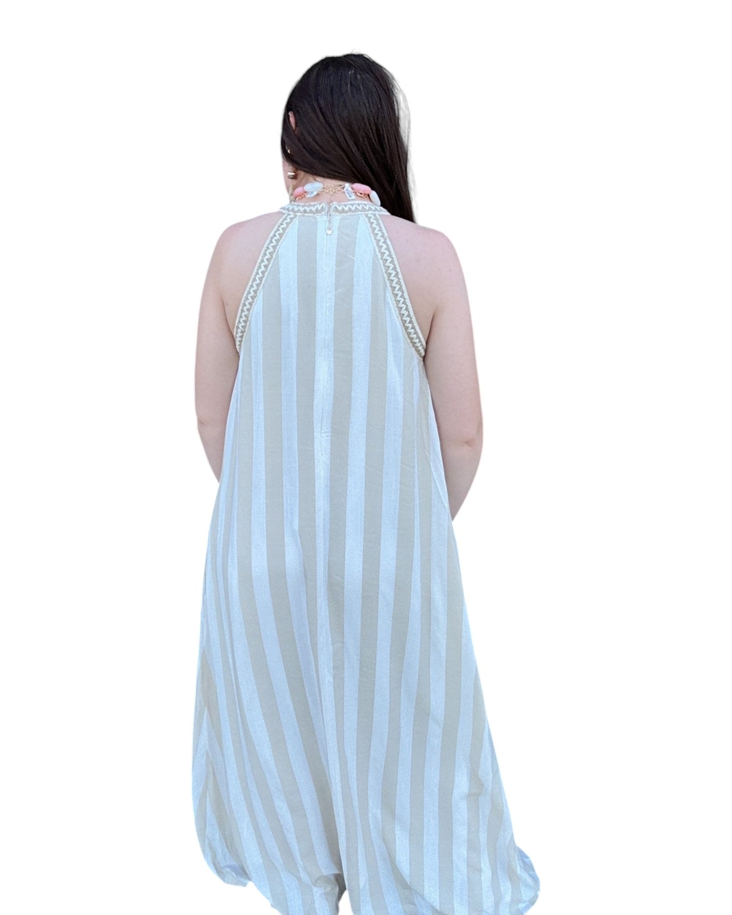 Striped Halter Neck A-Line Maxi Dress - Taupe