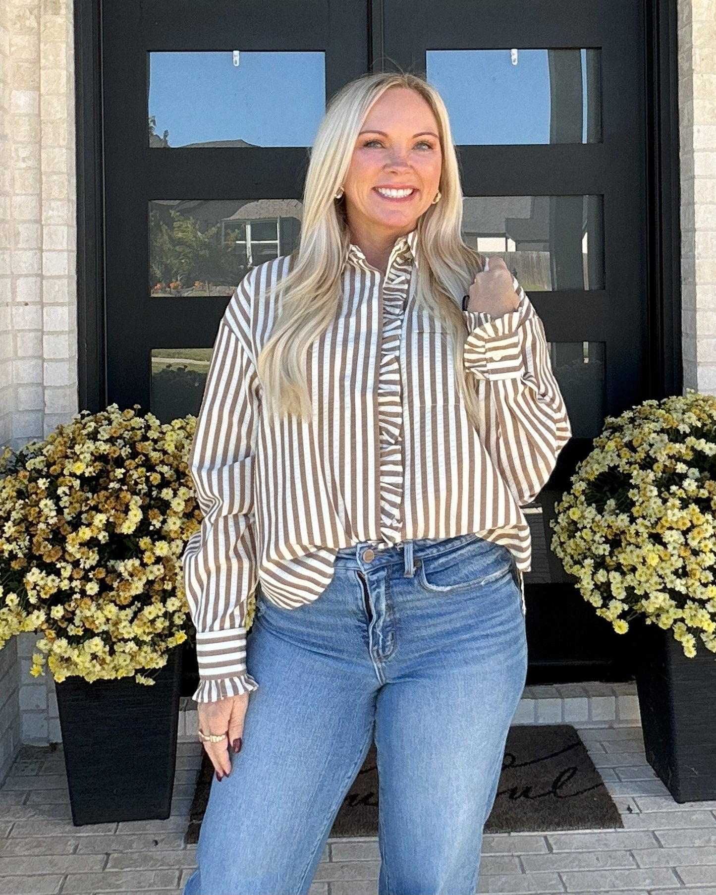 Cider Stripe Ruffle Blouse - Brown