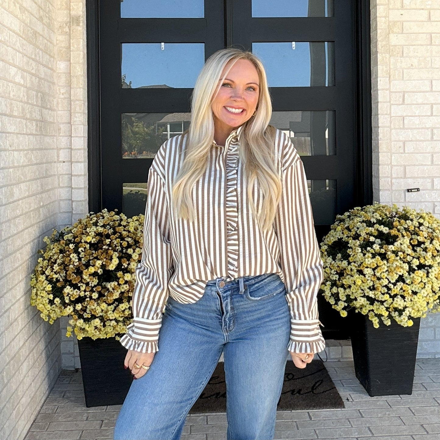 Cider Stripe Ruffle Blouse - Brown