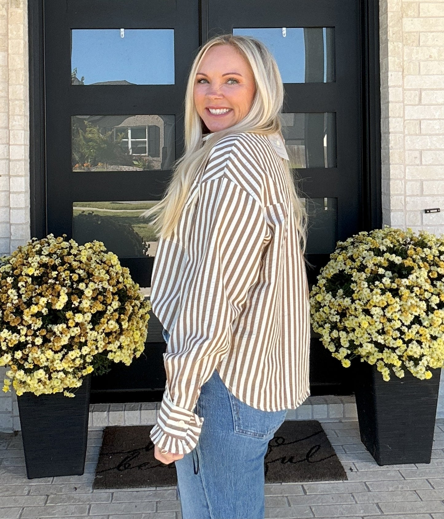 Cider Stripe Ruffle Blouse - Brown