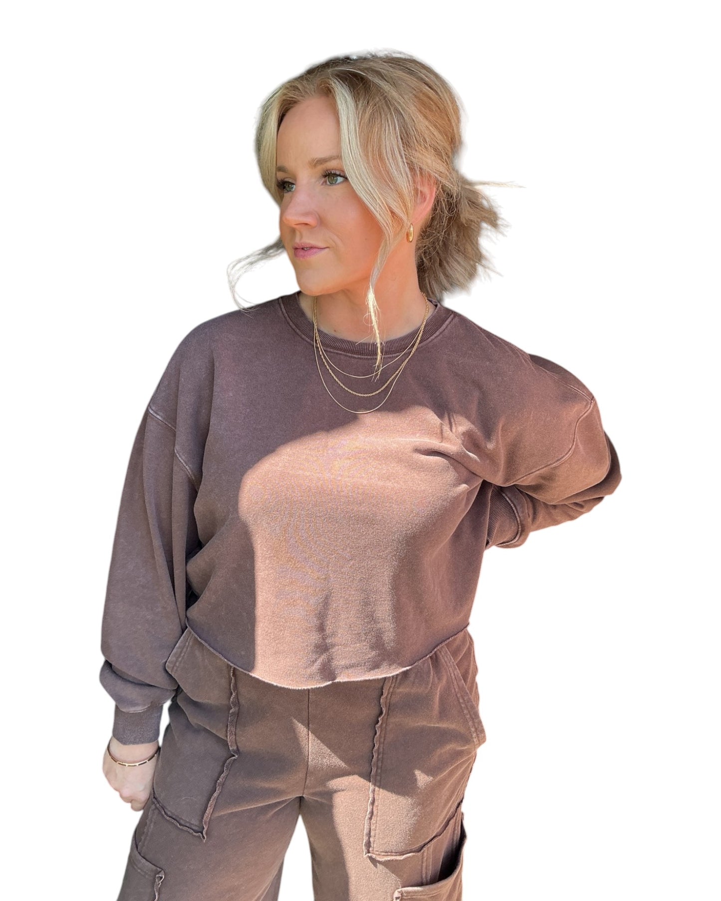 Mineral Wash Raw Hem Sweatshirt - Dark Brown