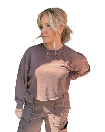 Mineral Wash Raw Hem Sweatshirt - Dark Brown