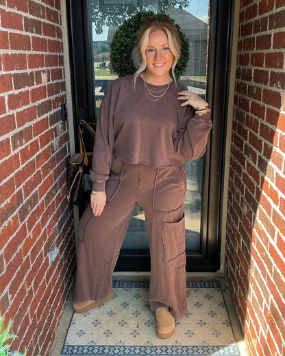Mineral Wash Wide Leg Cargo Pants - Dark Brown