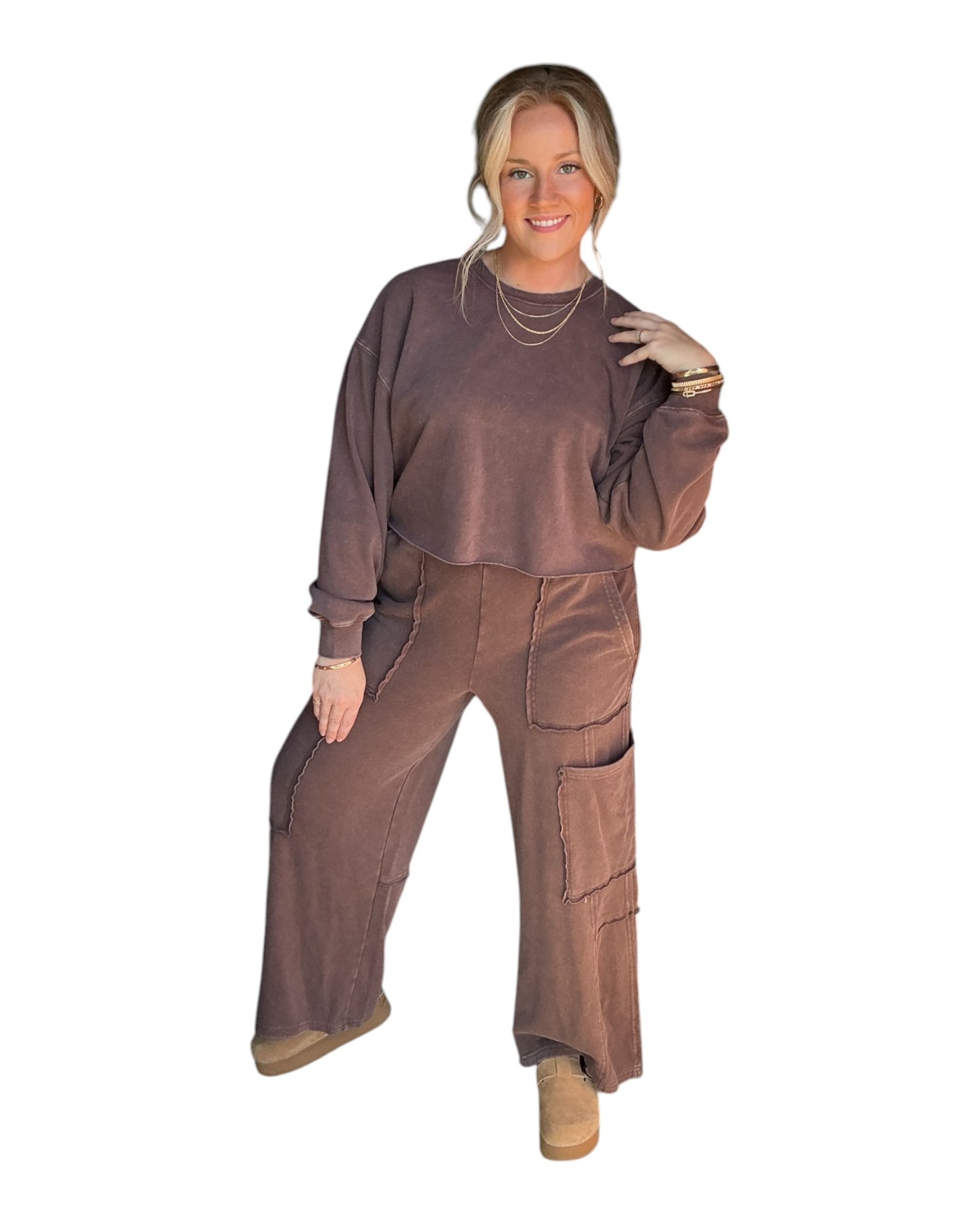 Mineral Wash Wide Leg Cargo Pants - Dark Brown