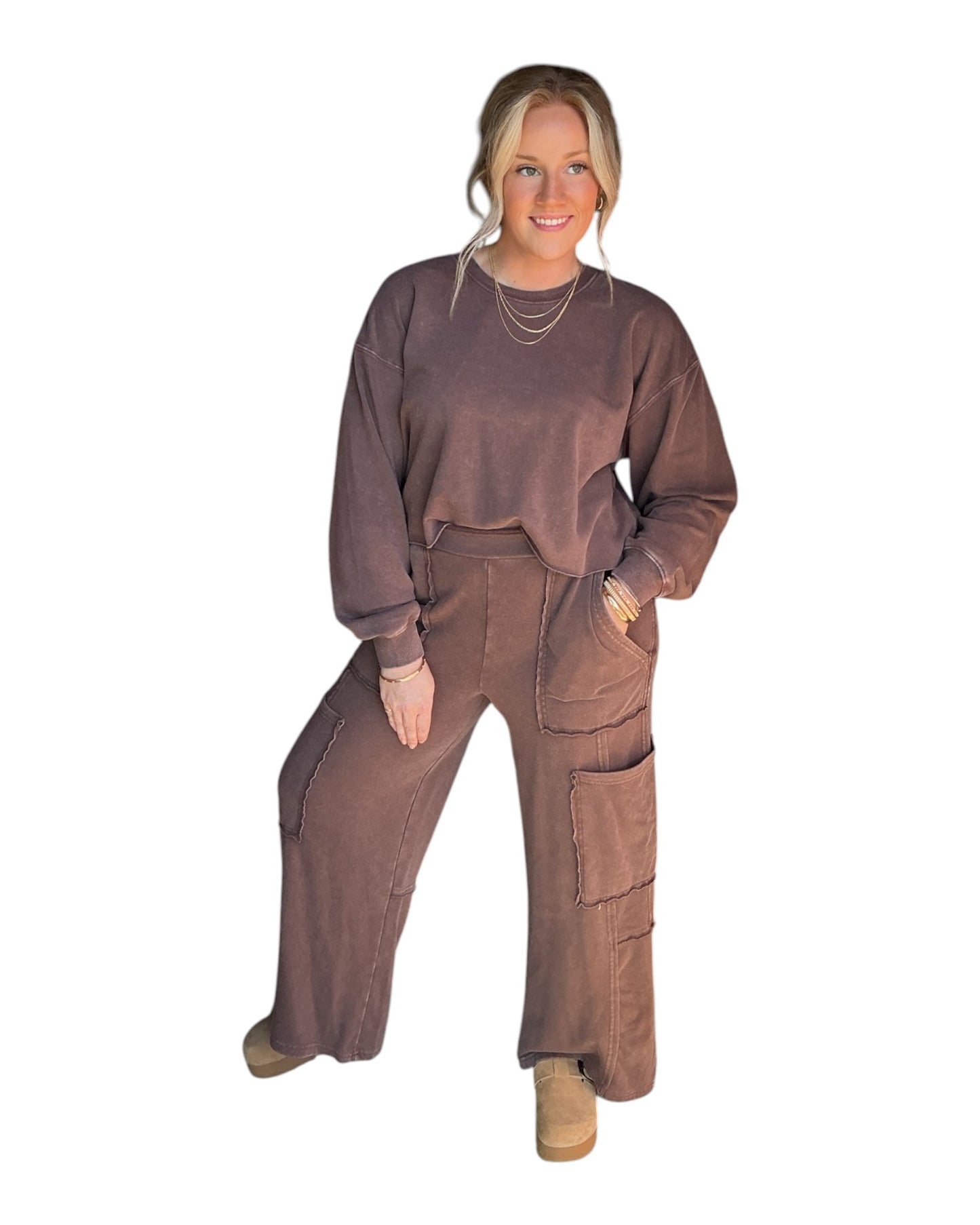 Mineral Wash Wide Leg Cargo Pants - Dark Brown