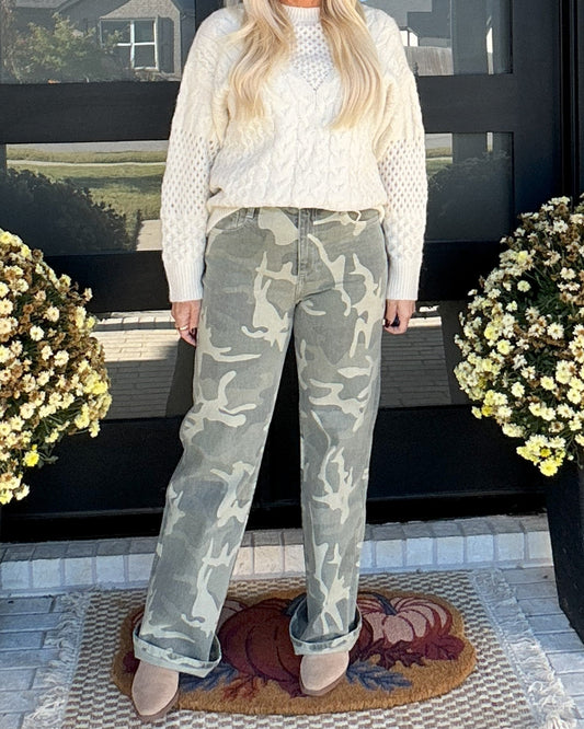 High Rise Camo Wide Leg Jeans
