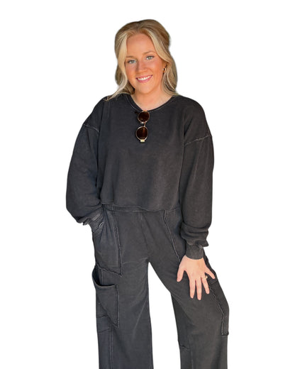Mineral Wash Raw Hem Sweatshirt - Black
