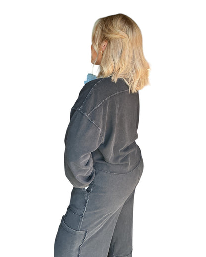 Mineral Wash Raw Hem Sweatshirt - Black