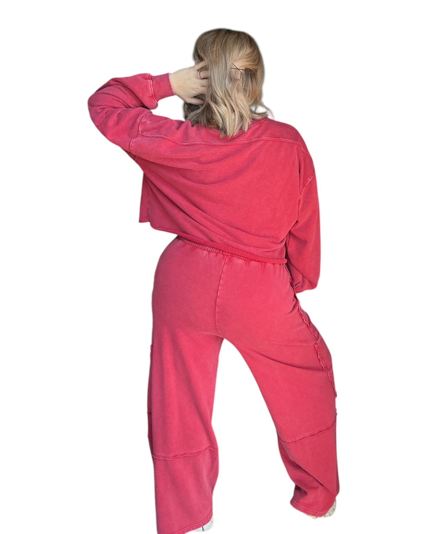 Mineral Wash Wide Leg Cargo Pants - Dark Red