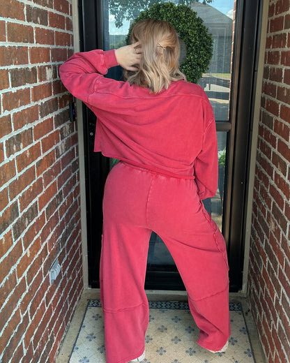 Mineral Wash Wide Leg Cargo Pants - Dark Red