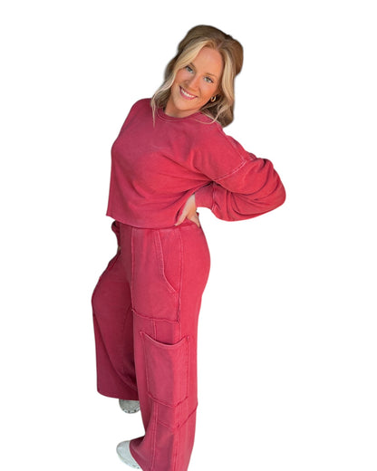 Mineral Wash Wide Leg Cargo Pants - Dark Red