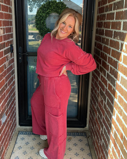 Mineral Wash Wide Leg Cargo Pants - Dark Red