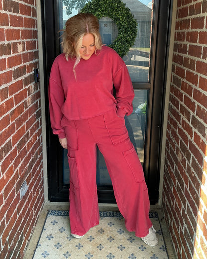Mineral Wash Wide Leg Cargo Pants - Dark Red