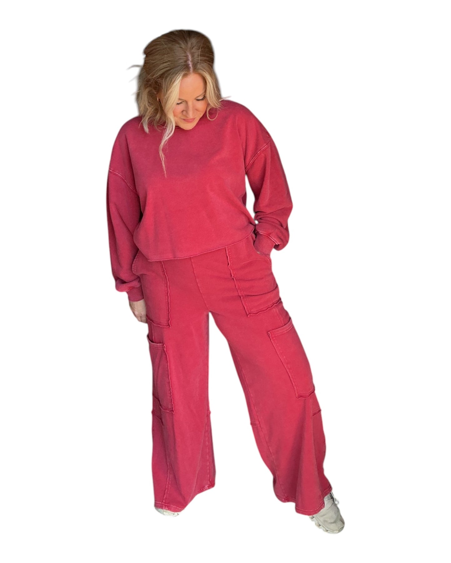Mineral Wash Wide Leg Cargo Pants - Dark Red