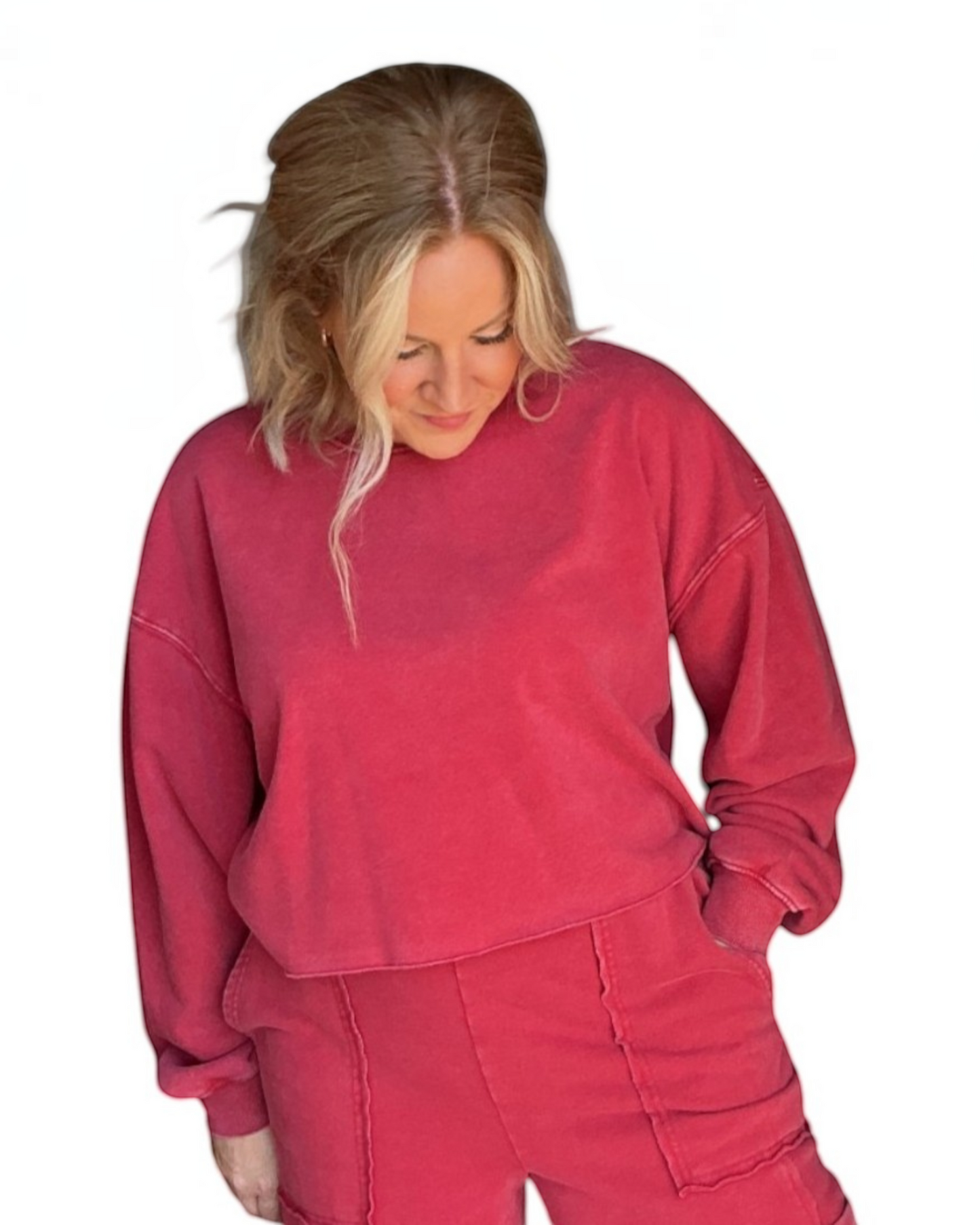 Mineral Wash Raw Hem Sweatshirt - Dark Red