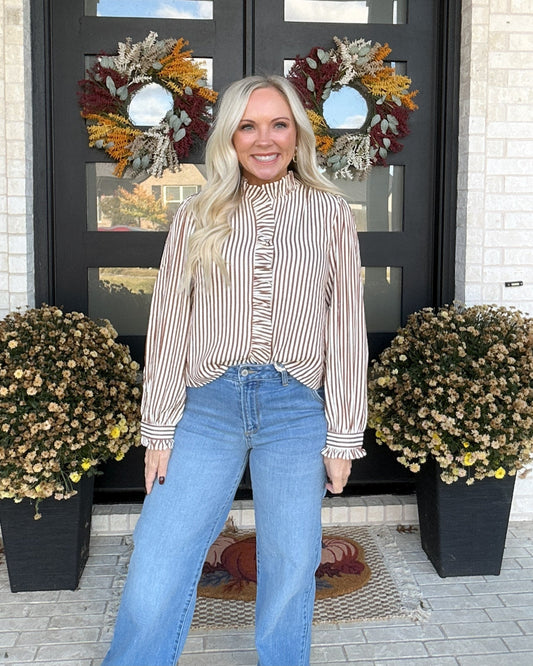 Cider Stripe Ruffle Blouse - Brown