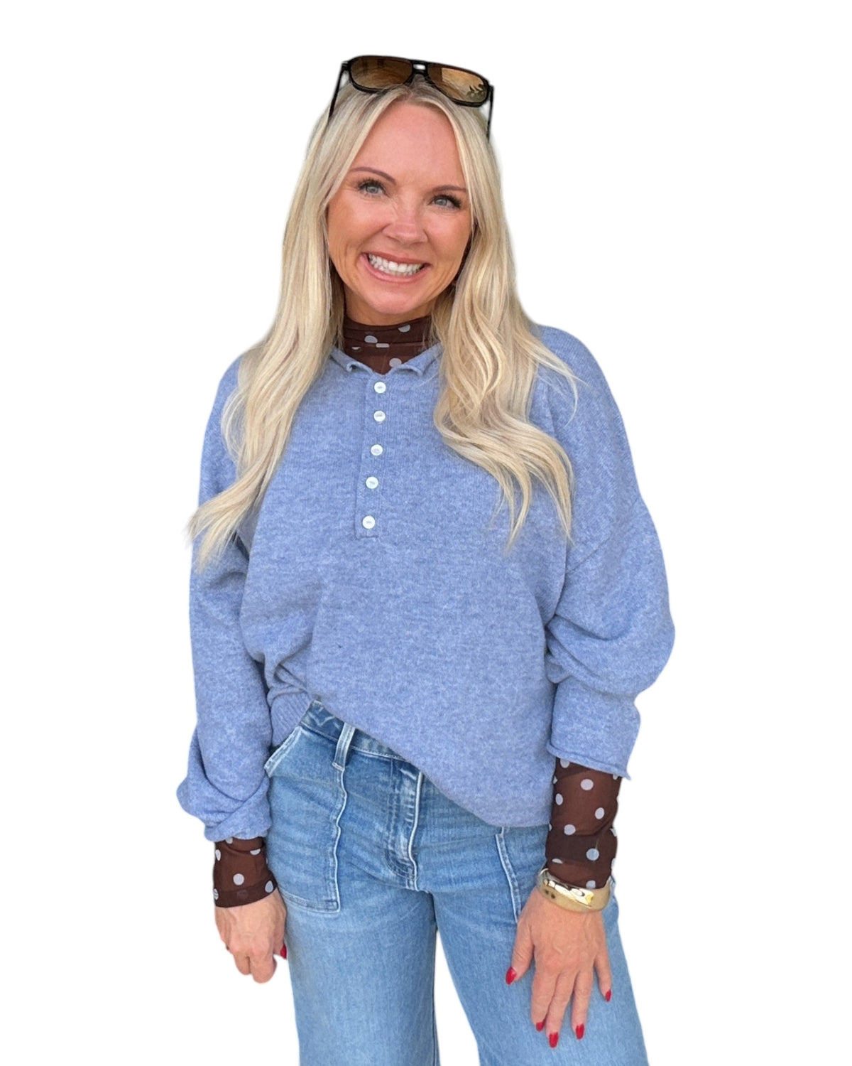 Polka Dot Mesh Mock Neck Long Sleeve Knit Top