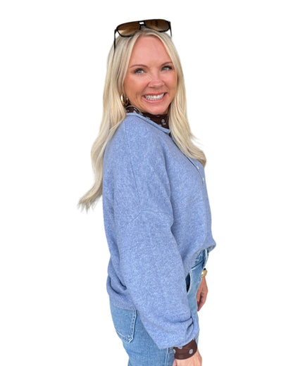 Raw Rolled Edge Henley Relaxed Pullover Sweater - Blue