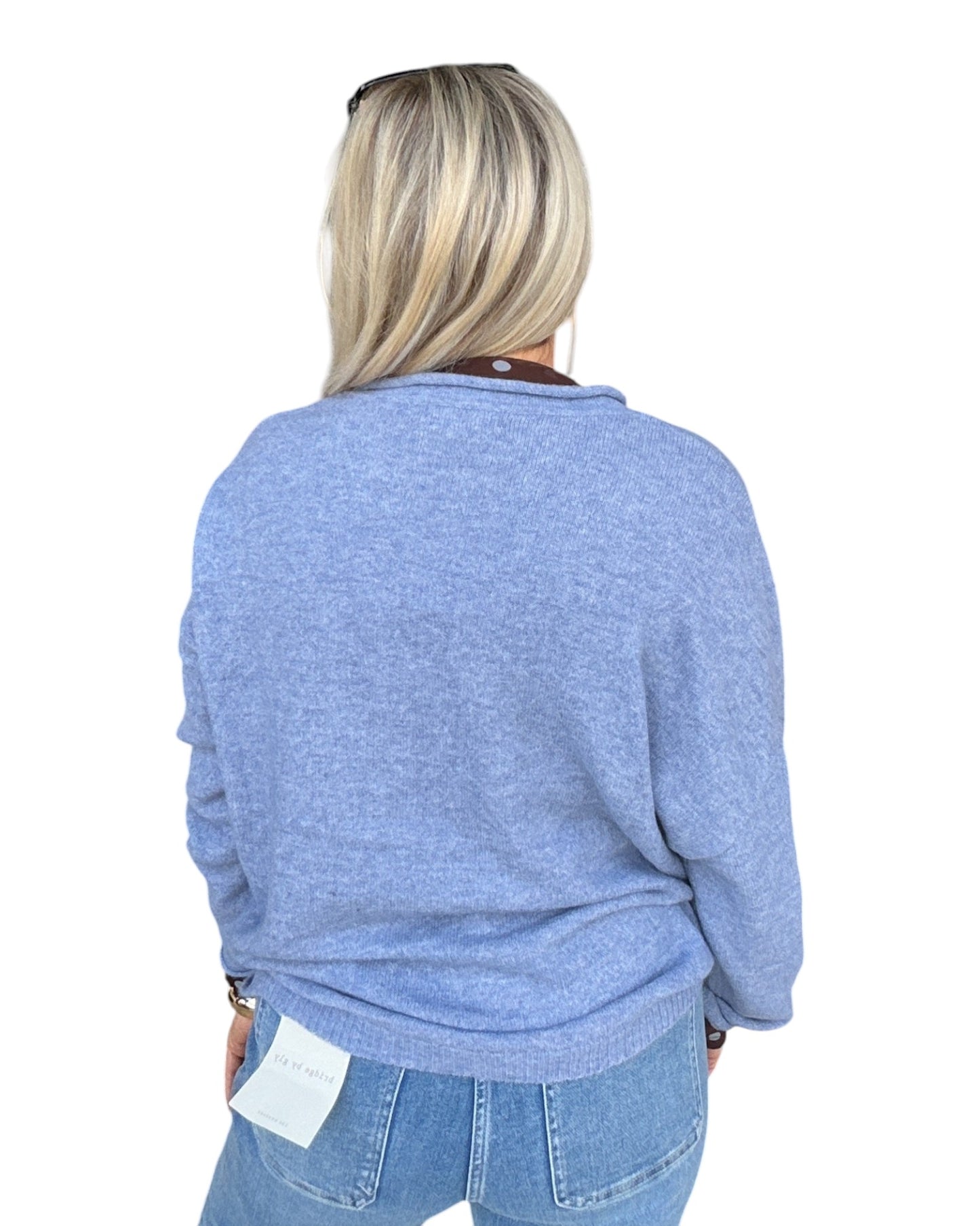 Raw Rolled Edge Henley Relaxed Pullover Sweater - Blue