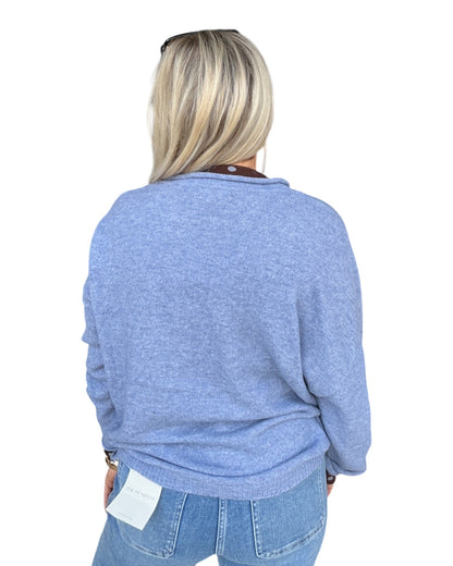 Raw Rolled Edge Henley Relaxed Pullover Sweater - Blue