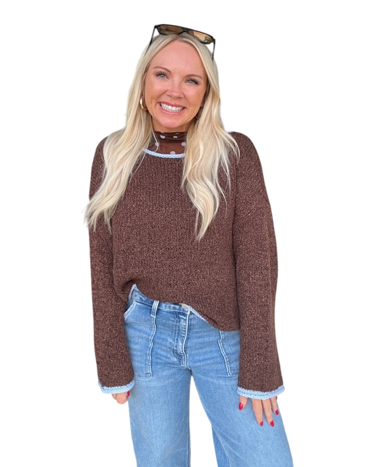 Boat Neck Contrast Trim Long Sleeve Knit Sweater