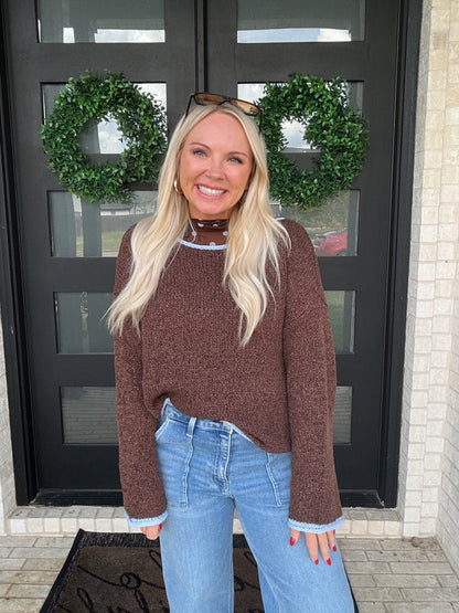 Boat Neck Contrast Trim Long Sleeve Knit Sweater
