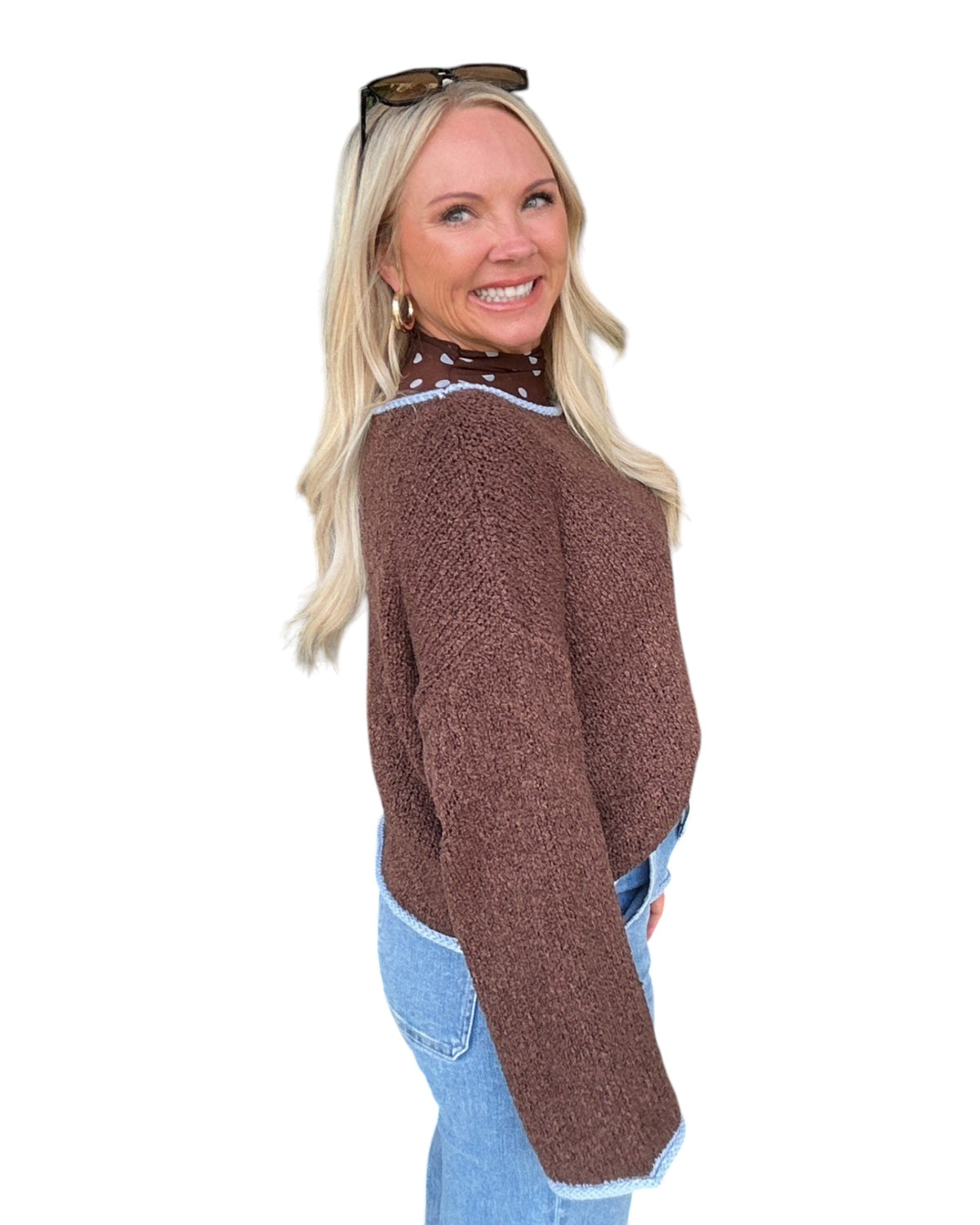 Boat Neck Contrast Trim Long Sleeve Knit Sweater