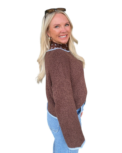 Boat Neck Contrast Trim Long Sleeve Knit Sweater