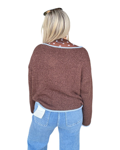 Boat Neck Contrast Trim Long Sleeve Knit Sweater
