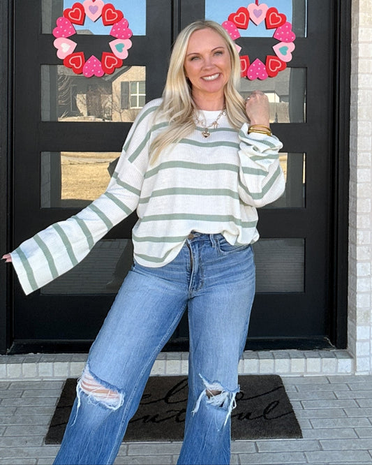 Soft Start Stripe Pullover - Sage