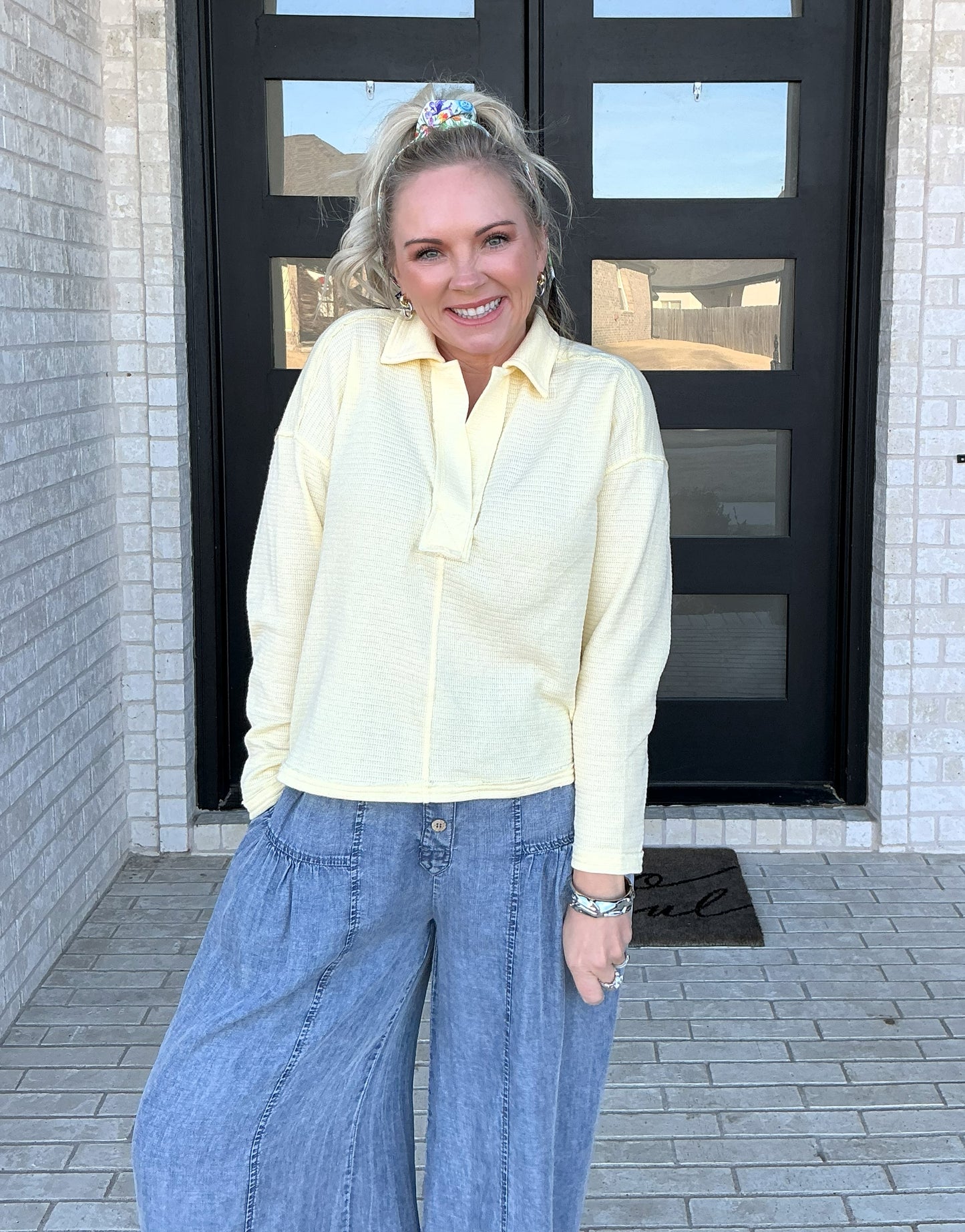 Soft Yellow Collared Knit Top
