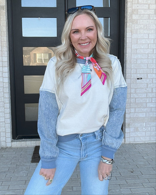 Denim Trim Colorblock Pullover