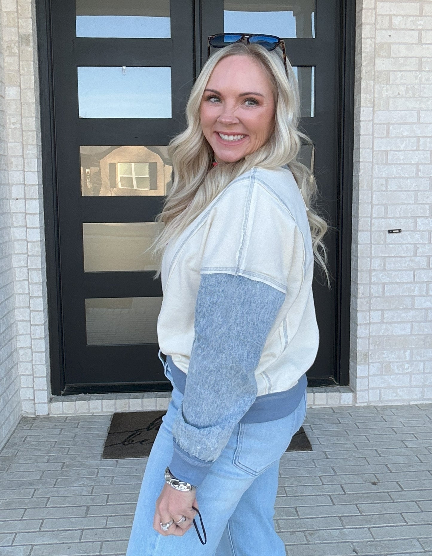 Denim Trim Colorblock Pullover