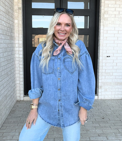 Heart Pocket Denim Button-Up