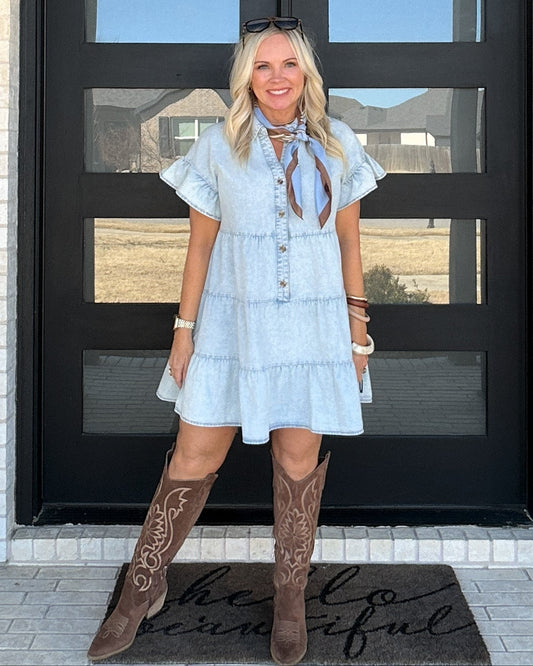 Blue Skies Chambray Tiered Dress
