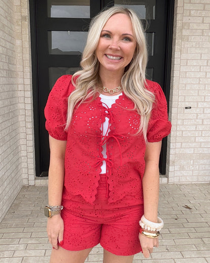 Scarlet Eyelet Tie Top