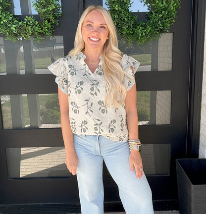 Olive Botanical Ruffle Blouse