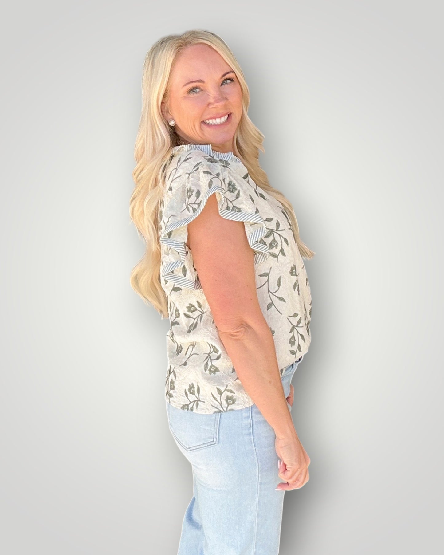 Olive Botanical Ruffle Blouse